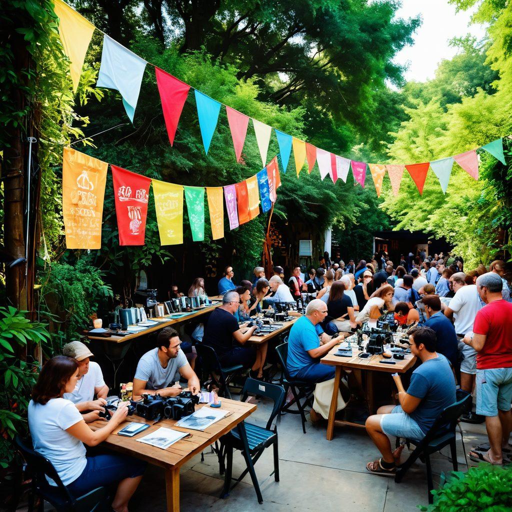 A vibrant, bustling community gathering, where photographers and creatives showcase their work in an outdoor gallery setting, surrounded by lush greenery and colorful banners. Various photography equipment like cameras and tripods can be seen, with individuals exchanging lively conversations and ideas. Emphasize a warm, inviting atmosphere that fosters collaboration and creativity. super-realistic. vibrant colors. 3D.