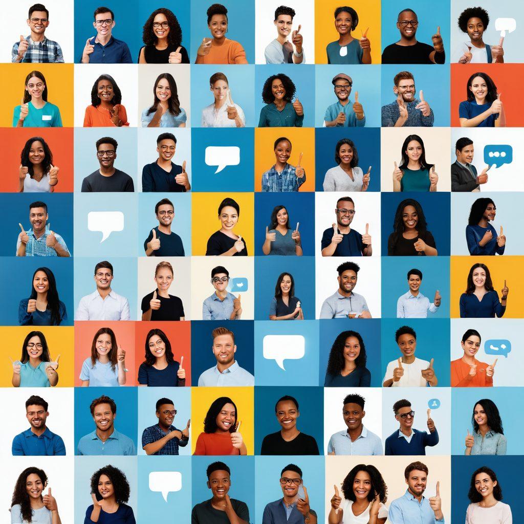 A captivating collage featuring vibrant and engaging thumbnails from various digital content, overlayed with visual cues like thumbs-up icons and speech bubbles to symbolize community engagement. The background should hint at social media platforms with a light, welcoming blue tint. Include a subtle illustration of diverse people interacting online, connecting through these thumbnails. super-realistic. vibrant colors. white background.