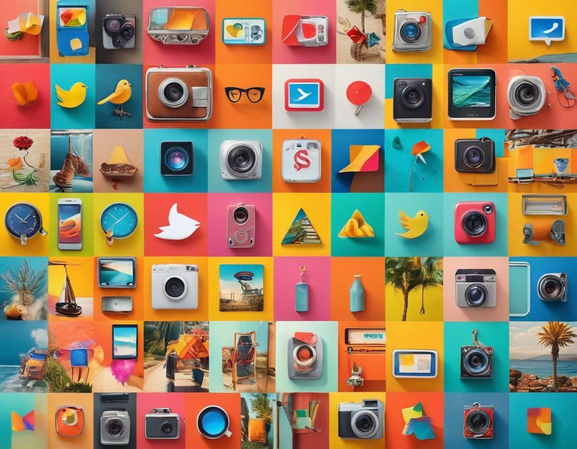 A visually striking collage of vibrant, transformed images showcasing before-and-after scenarios of ordinary photos turned into buzz-worthy visuals. Include elements like social media icons and engagement metrics like likes and shares for a digital sharing theme. Incorporate bright colors and an energetic atmosphere to convey excitement and inspiration. super-realistic. vibrant colors. 3D.